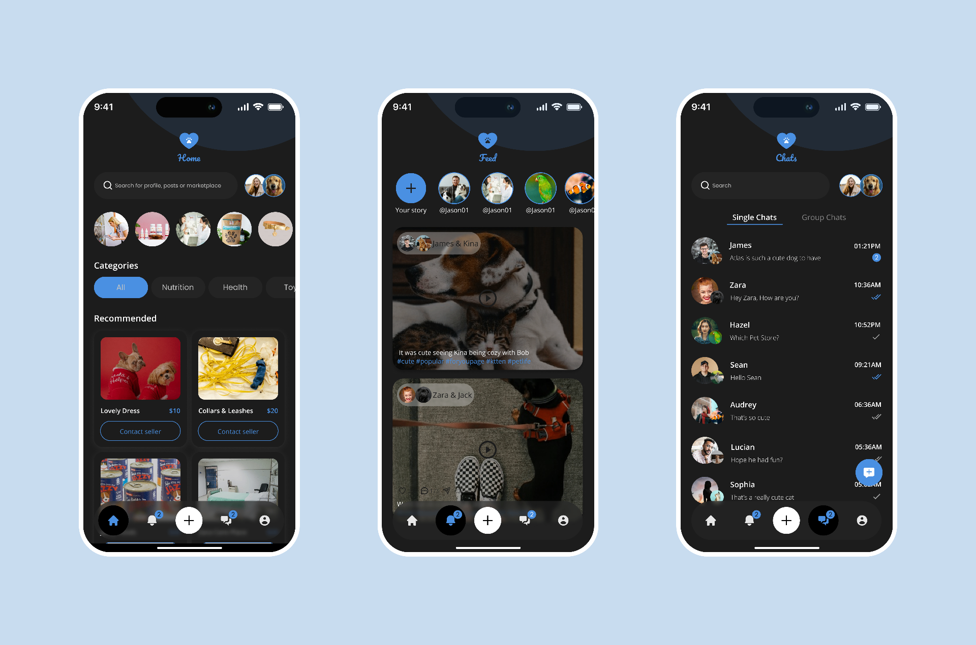 Animalz home, feed and chats screens