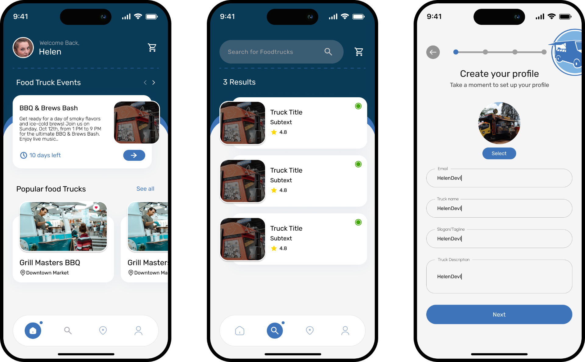 Three core screens of the Food Truck Express app — home feed, search results, and vendor profile creation